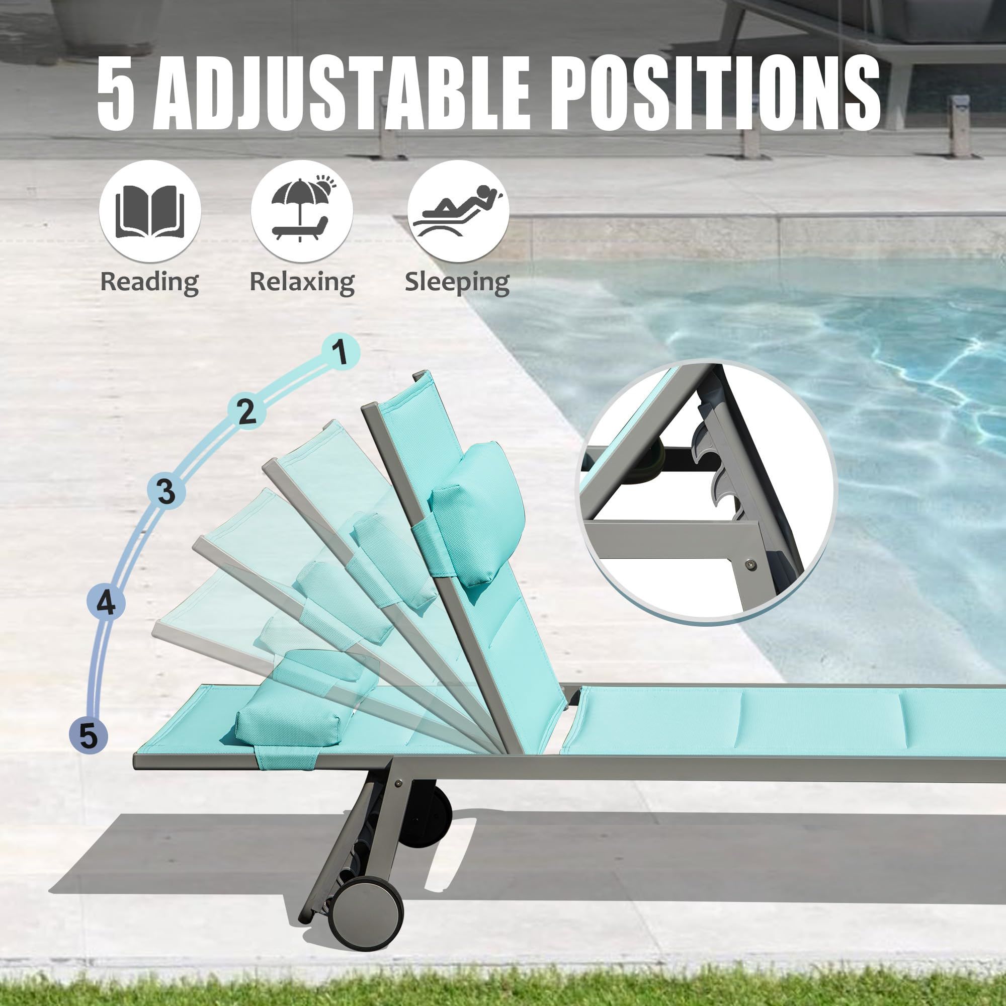 Outdoor Patio Chaise Lounge Set of 3, Aluminum Pool Lounge Chairs with and Wheels, Textilene Padded Adjustable Recliner All Weather for Poolside, Beach, Yard, Balcony (Lake Blue) Doba
